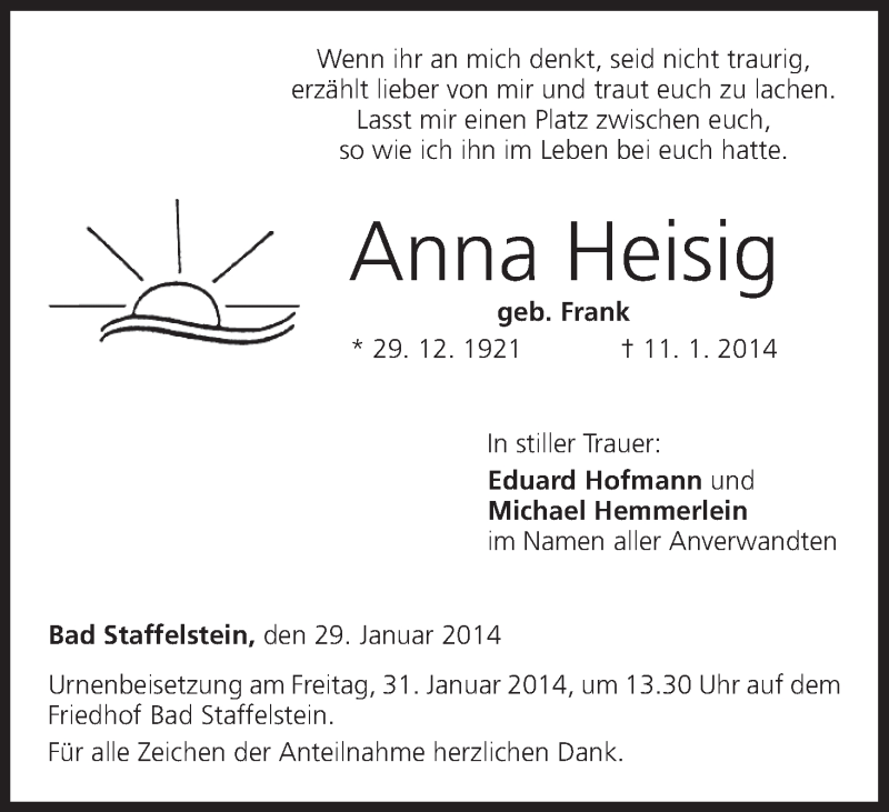  Traueranzeige für Anna Heisig vom 29.01.2014 aus MGO