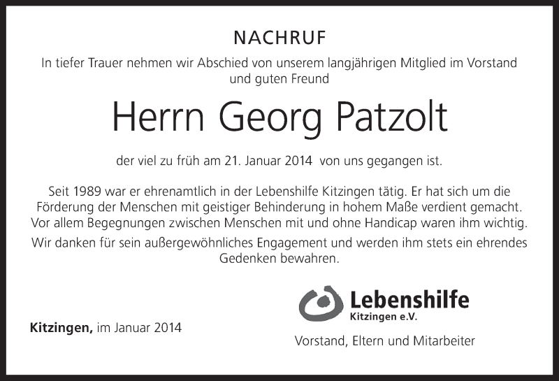  Traueranzeige für Georg Patzolt vom 29.01.2014 aus MGO