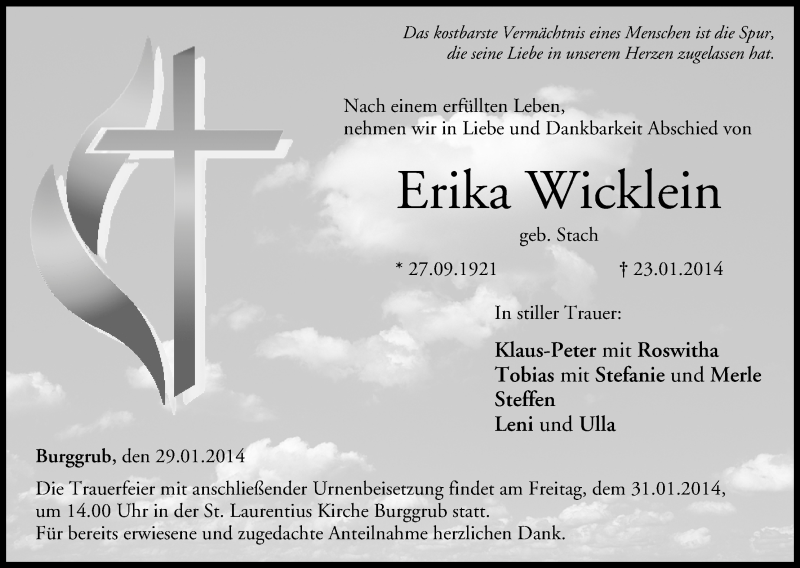 Traueranzeige für Erika Wicklein vom 29.01.2014 aus MGO