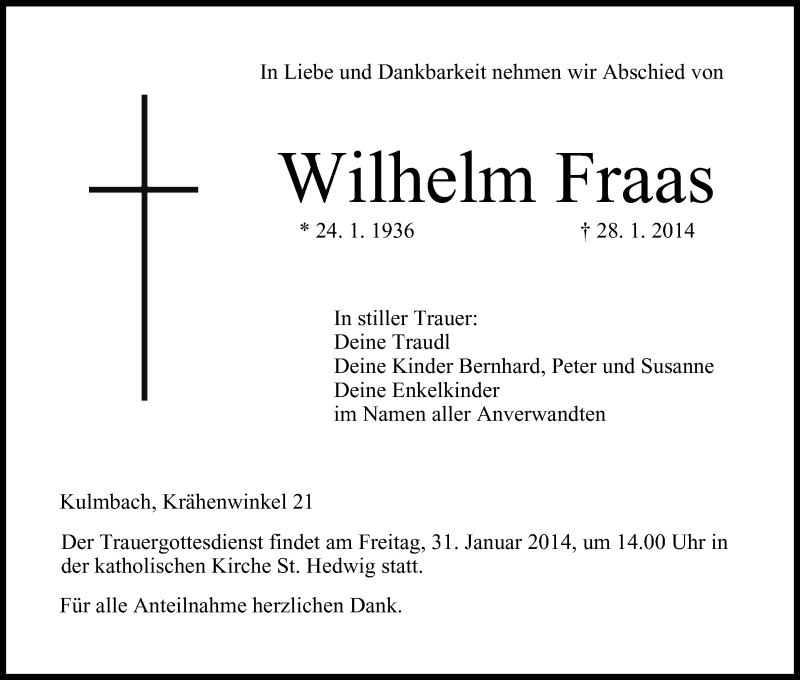  Traueranzeige für Wilhelm Fraas vom 29.01.2014 aus MGO
