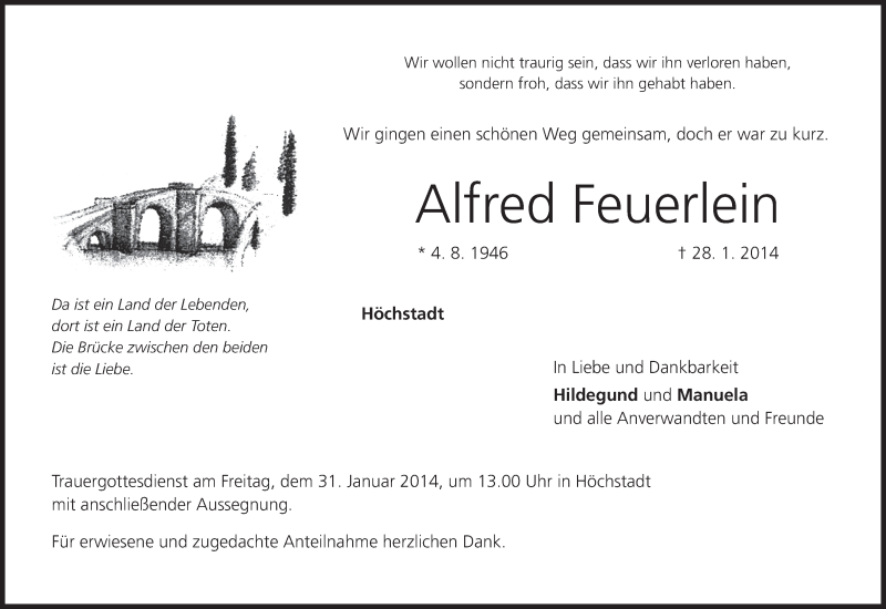  Traueranzeige für Alfred Feuerlein vom 29.01.2014 aus MGO