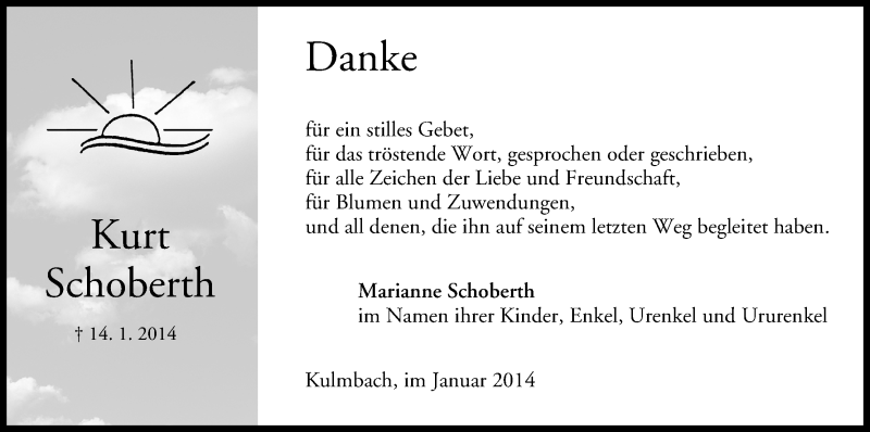  Traueranzeige für Kurt Schoberth vom 01.02.2014 aus MGO