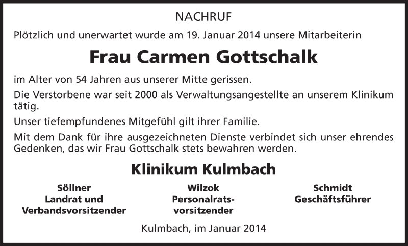  Traueranzeige für Carmen Gottschalk vom 30.01.2014 aus MGO