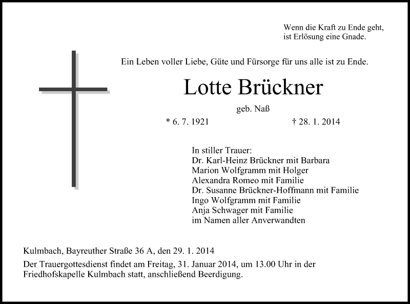  Traueranzeige für Lotte Brückner vom 30.01.2014 aus MGO
