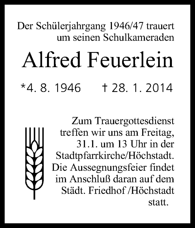  Traueranzeige für Alfred Feuerlein vom 30.01.2014 aus MGO