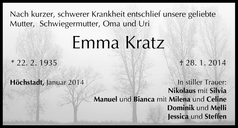  Traueranzeige für Emma Kratz vom 01.02.2014 aus MGO