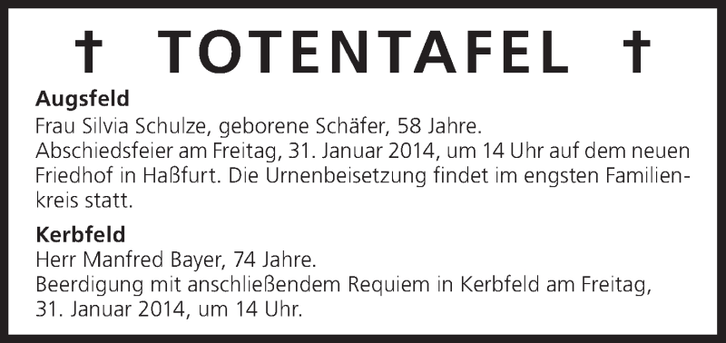  Traueranzeige für Totentafel vom 31.01.2014 vom 31.01.2014 aus MGO