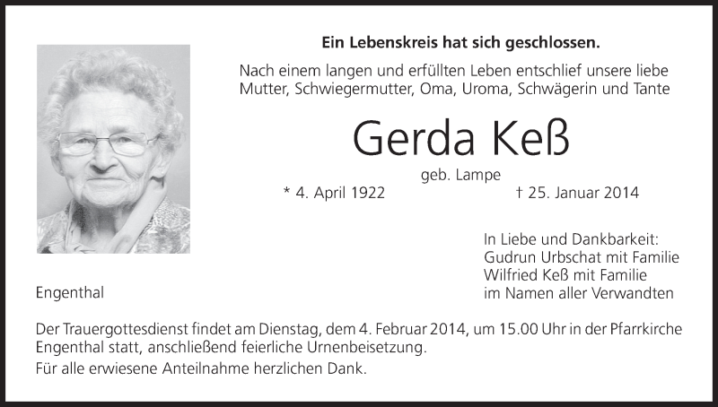  Traueranzeige für Gerda Keß vom 01.02.2014 aus MGO