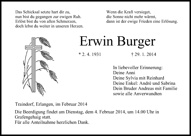  Traueranzeige für Erwin Burger vom 01.02.2014 aus MGO