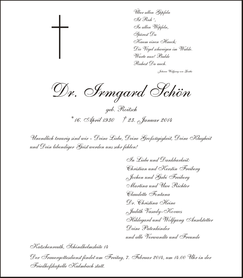  Traueranzeige für Irmgard Schön vom 01.02.2014 aus MGO