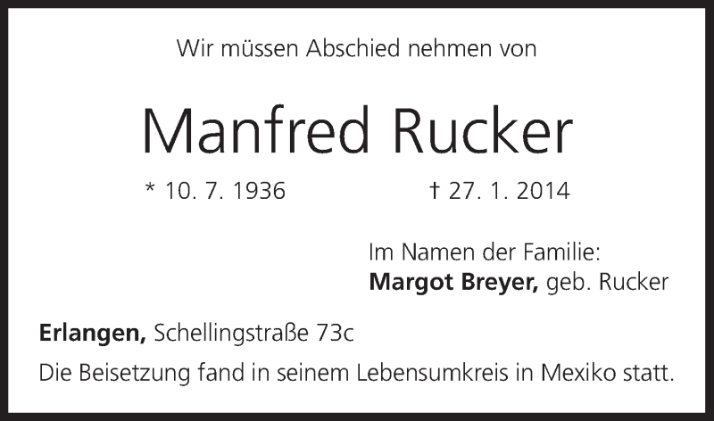  Traueranzeige für Manfred Rucker vom 01.02.2014 aus MGO