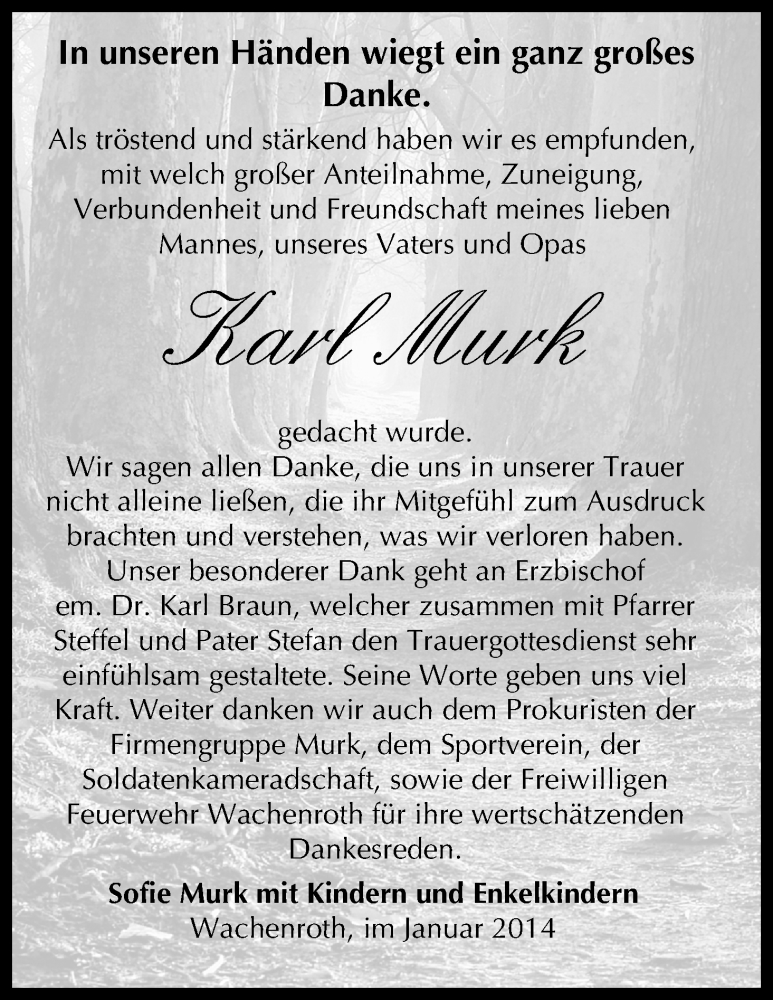  Traueranzeige für Karl Murk vom 01.02.2014 aus MGO