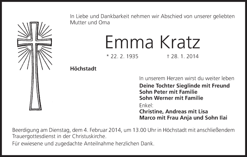  Traueranzeige für Emma Kratz vom 01.02.2014 aus MGO