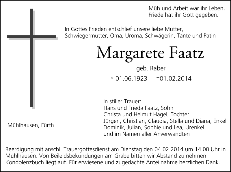  Traueranzeige für Margarete Faatz vom 03.02.2014 aus MGO