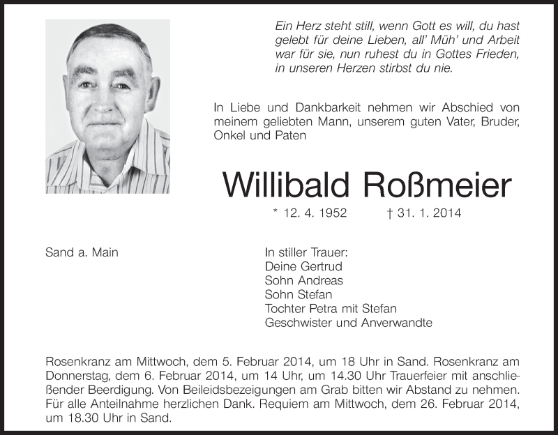  Traueranzeige für Willibald Roßmeier vom 03.02.2014 aus MGO