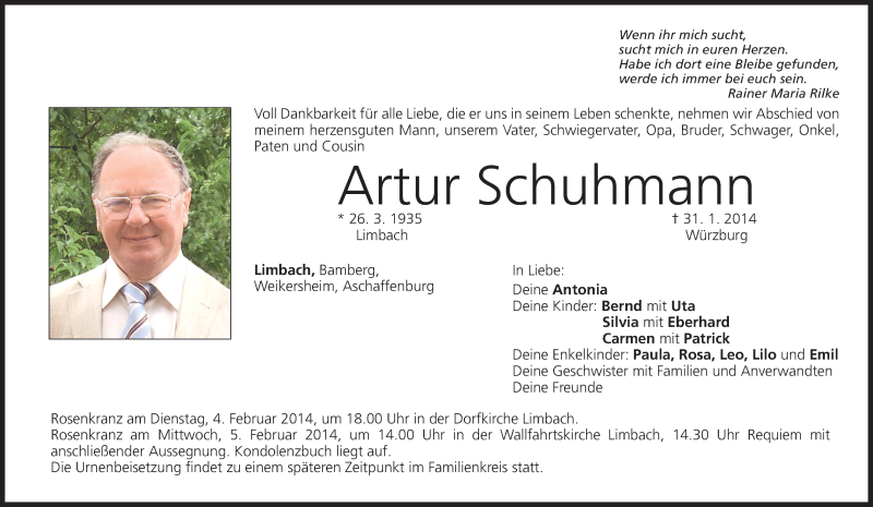  Traueranzeige für Artur Schuhmann vom 03.02.2014 aus MGO