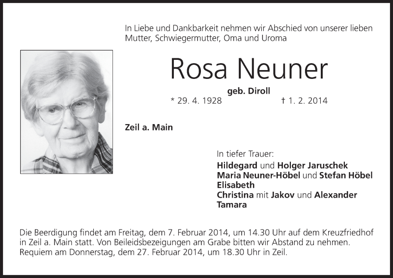  Traueranzeige für Rosa Neuner vom 04.02.2014 aus MGO