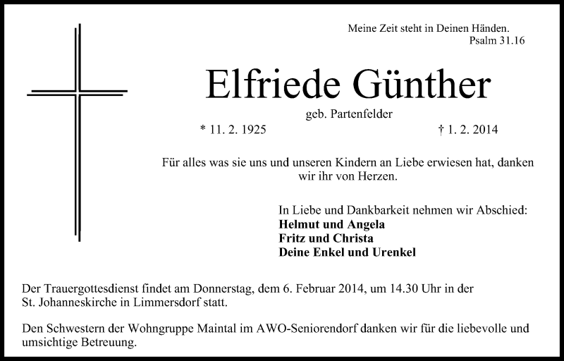  Traueranzeige für Elfriede Günther vom 04.02.2014 aus MGO
