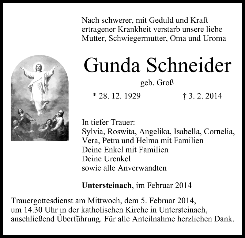 Traueranzeige für Gunda Schneider vom 04.02.2014 aus MGO
