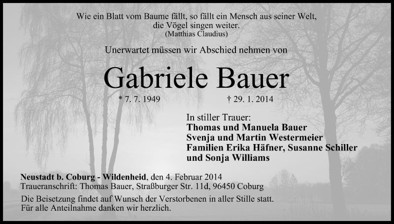  Traueranzeige für Gabriele Bauer vom 04.02.2014 aus MGO