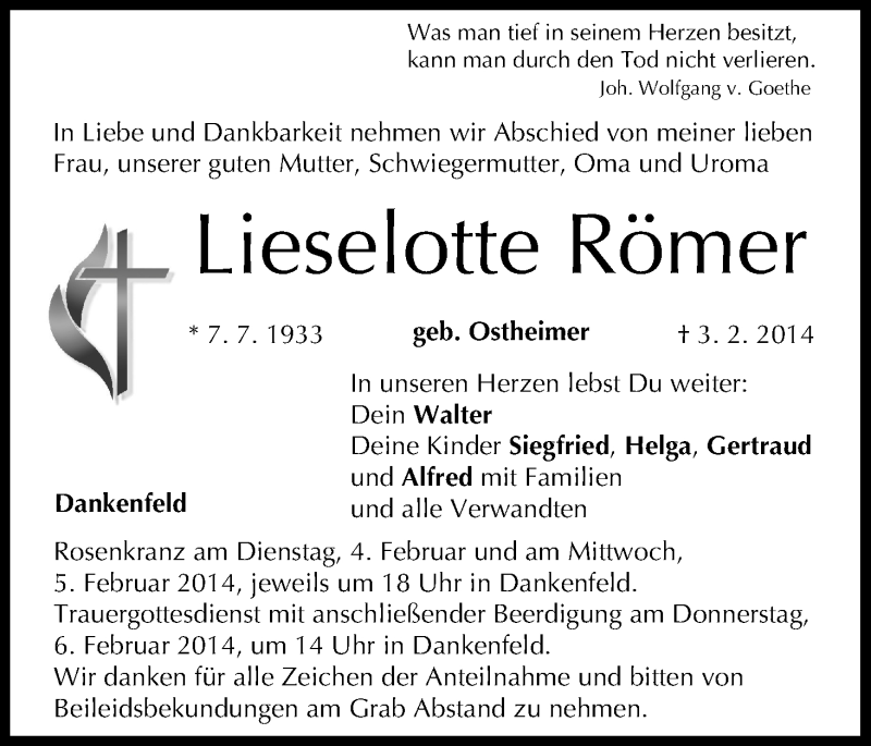  Traueranzeige für Lieselotte Römer vom 04.02.2014 aus MGO