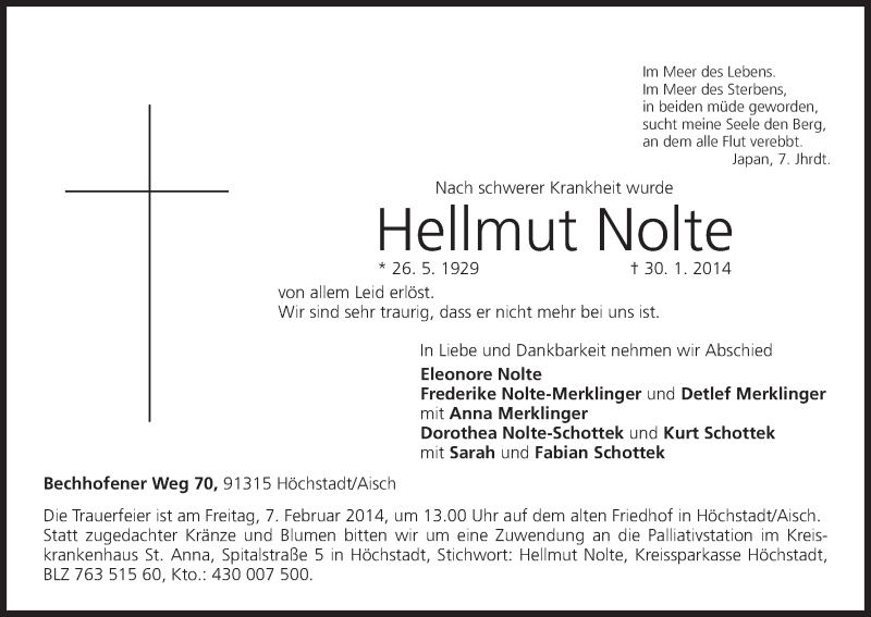  Traueranzeige für Hellmut Nolte vom 04.02.2014 aus MGO