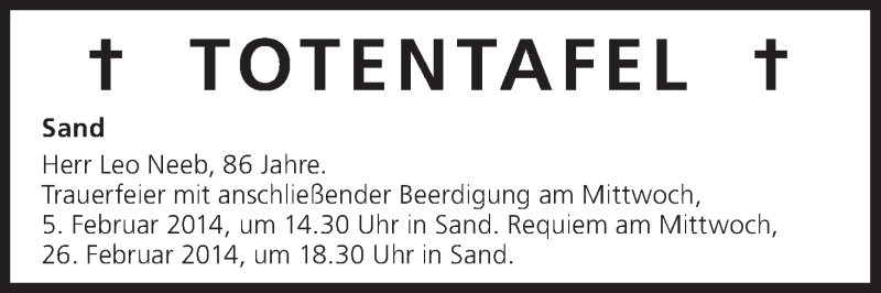  Traueranzeige für Totentafel vom 05.02.2014 vom 05.02.2014 aus MGO