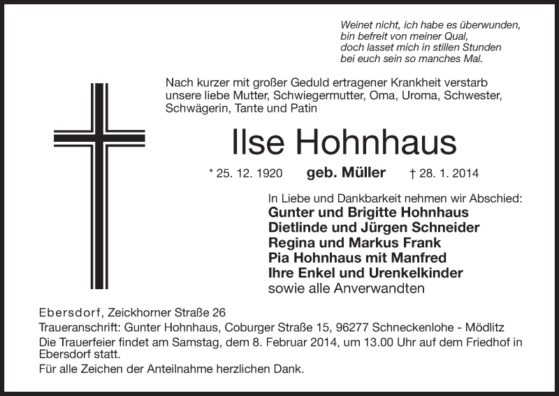 Traueranzeige für Ilse Hohnhaus vom 05.02.2014 aus MGO