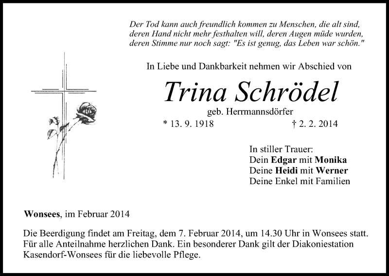  Traueranzeige für Trina Schrödel vom 05.02.2014 aus MGO