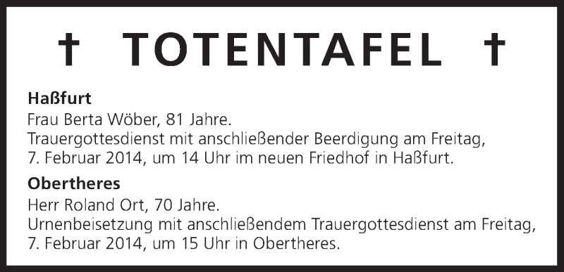  Traueranzeige für Totentafel vom 06.02.2014 vom 06.02.2014 aus MGO