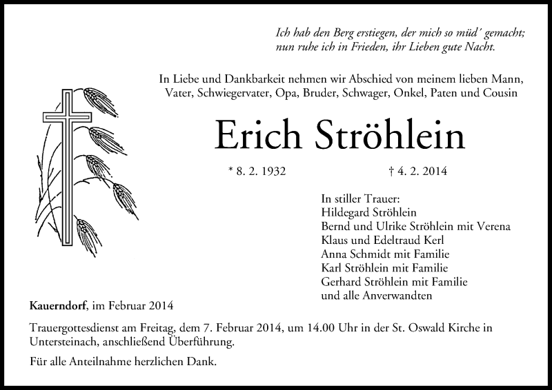  Traueranzeige für Erich Ströhlein vom 06.02.2014 aus MGO