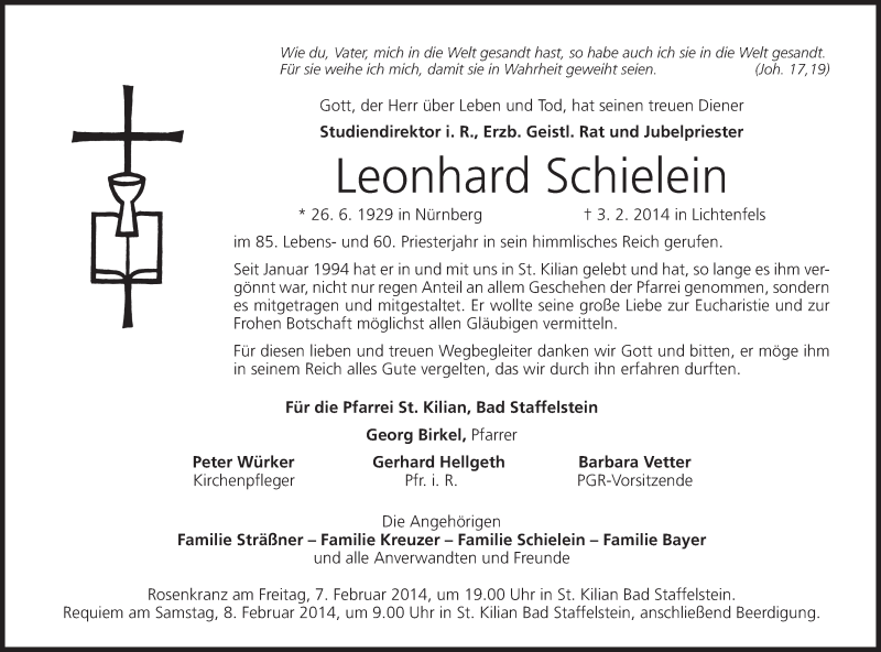  Traueranzeige für Leonhard Schielein vom 06.02.2014 aus MGO