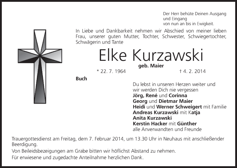  Traueranzeige für Elke Kurzawski vom 06.02.2014 aus MGO