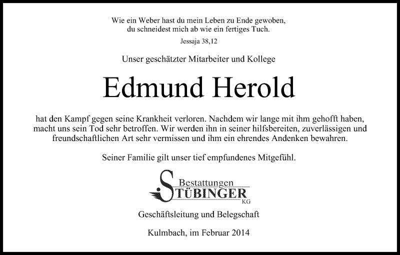  Traueranzeige für Edmund Herold vom 06.02.2014 aus MGO