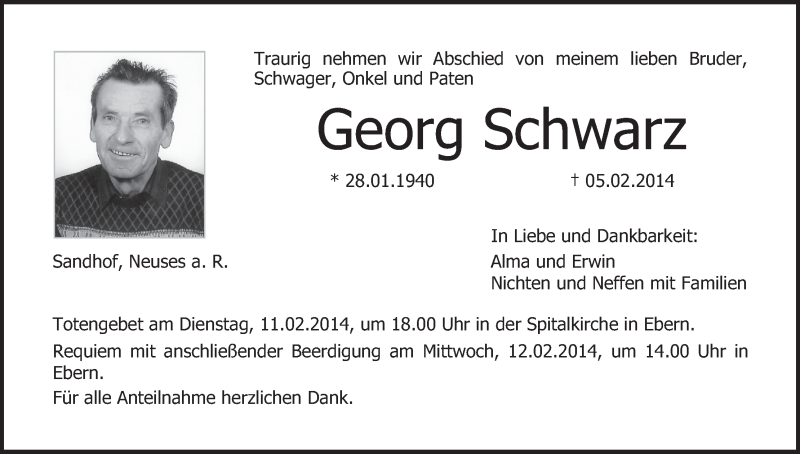 Traueranzeige für Georg Schwarz vom 08.02.2014 aus MGO