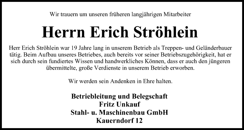  Traueranzeige für Erich Ströhlein vom 07.02.2014 aus MGO