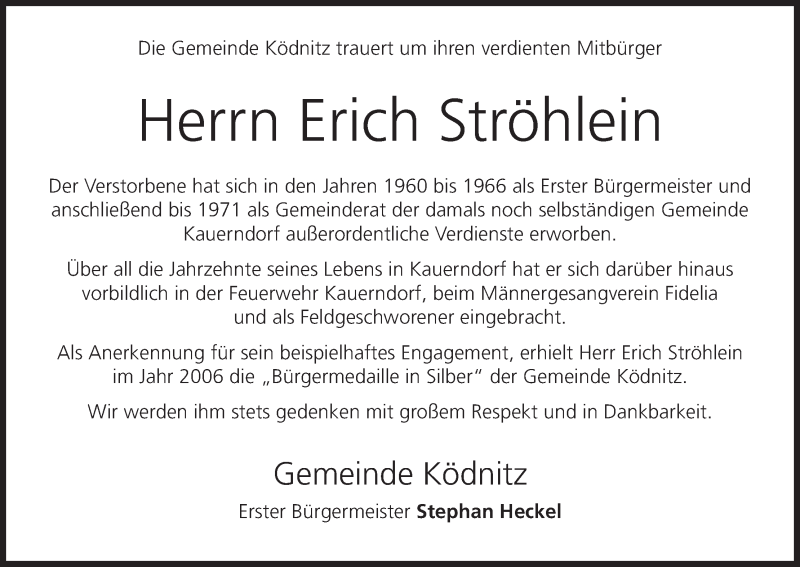  Traueranzeige für Erich Ströhlein vom 07.02.2014 aus MGO
