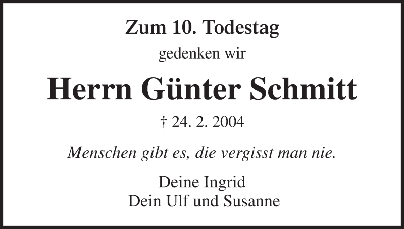  Traueranzeige für Günter Schmitt vom 24.02.2014 aus MGO
