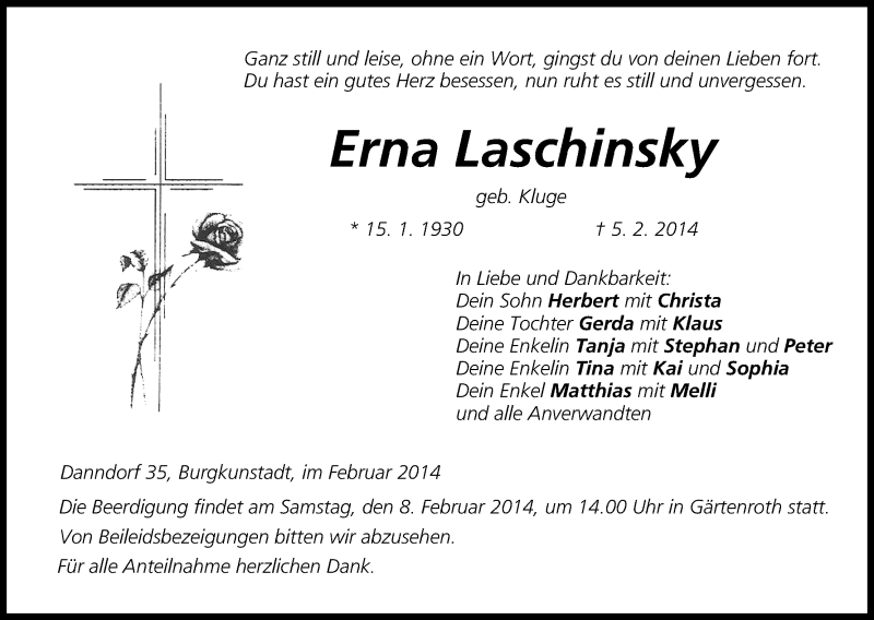  Traueranzeige für Erna Laschinsky vom 07.02.2014 aus MGO