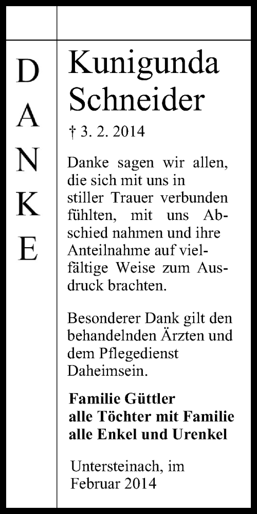  Traueranzeige für Kunigunda Schneider vom 08.02.2014 aus MGO