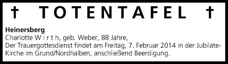  Traueranzeige für Totentafel vom 07.02.2014 vom 07.02.2014 aus MGO