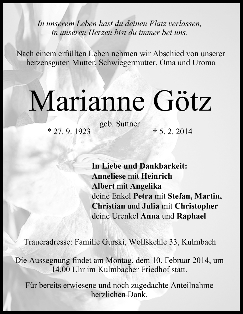  Traueranzeige für Marianne Götz vom 07.02.2014 aus MGO