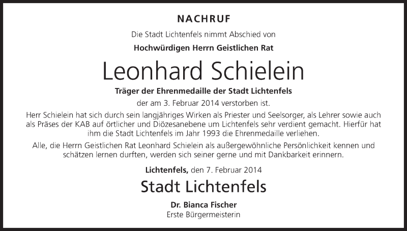  Traueranzeige für Leonhard Schielein vom 07.02.2014 aus MGO
