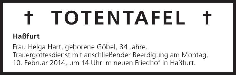  Traueranzeige für Totentafel vom 08.02.2014 vom 08.02.2014 aus MGO