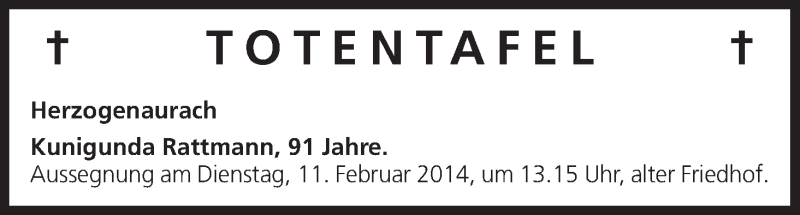  Traueranzeige für Totentafel vom 10.02.2014 vom 10.02.2014 aus MGO