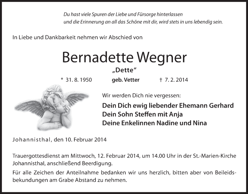  Traueranzeige für Bernadette Wegner vom 10.02.2014 aus MGO