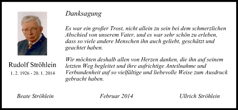  Traueranzeige für Rudolf Ströhlein vom 15.02.2014 aus MGO