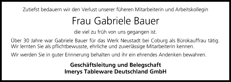  Traueranzeige für Gabriele Bauer vom 08.02.2014 aus MGO
