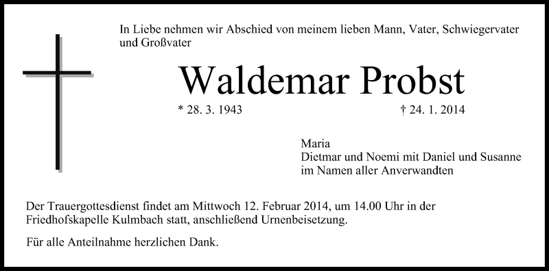  Traueranzeige für Waldemar Probst vom 08.02.2014 aus MGO