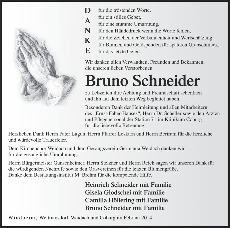  Traueranzeige für Bruno Schneider vom 08.02.2014 aus MGO